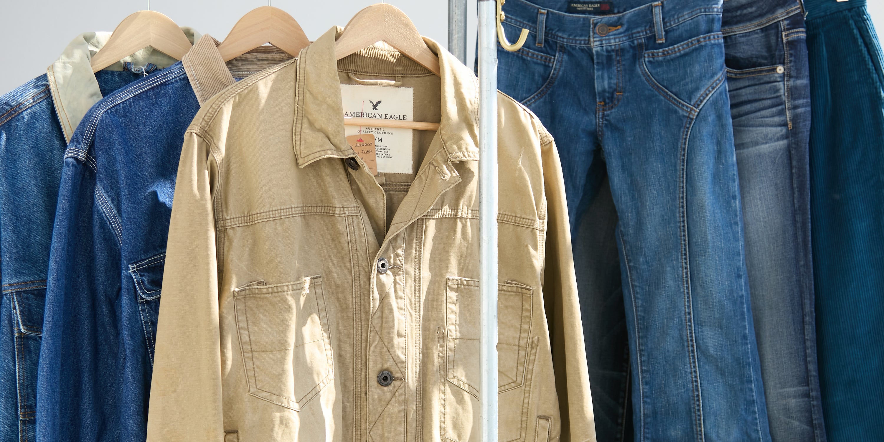 American Eagle Vintage garmets: two denim jackets, one khaki jacket, and three pairs of jeans.